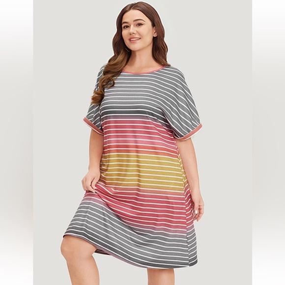 BloomChic Plus Size 3XL Striped Contrast Roll Pocket Dolman Sleeve Dress us22-24 - Picture 3 of 6